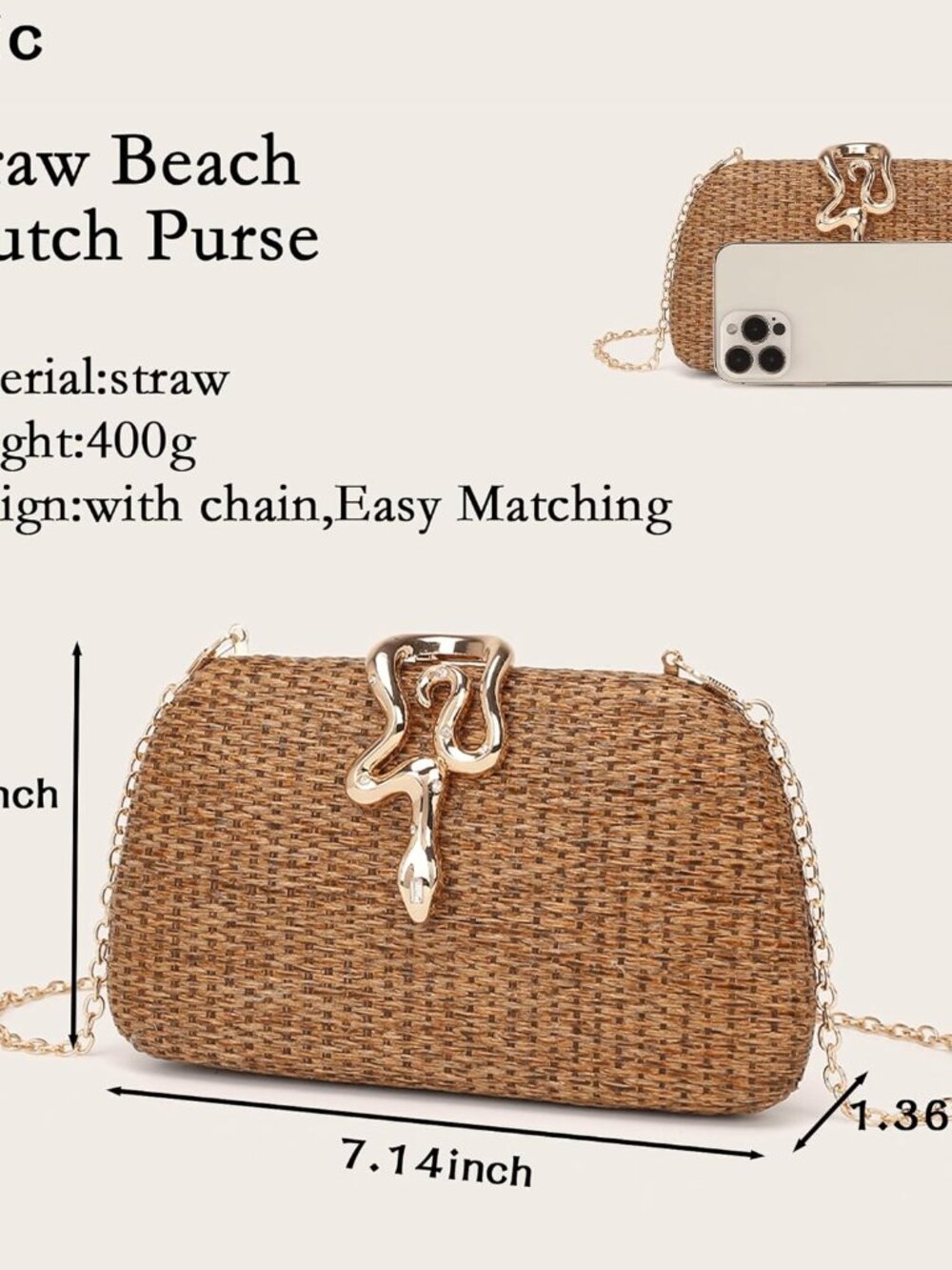 Straw Clutch Purses Summer Beach Purse for Women Woven Vacation Handbags Snake C - Picture 5 of 6